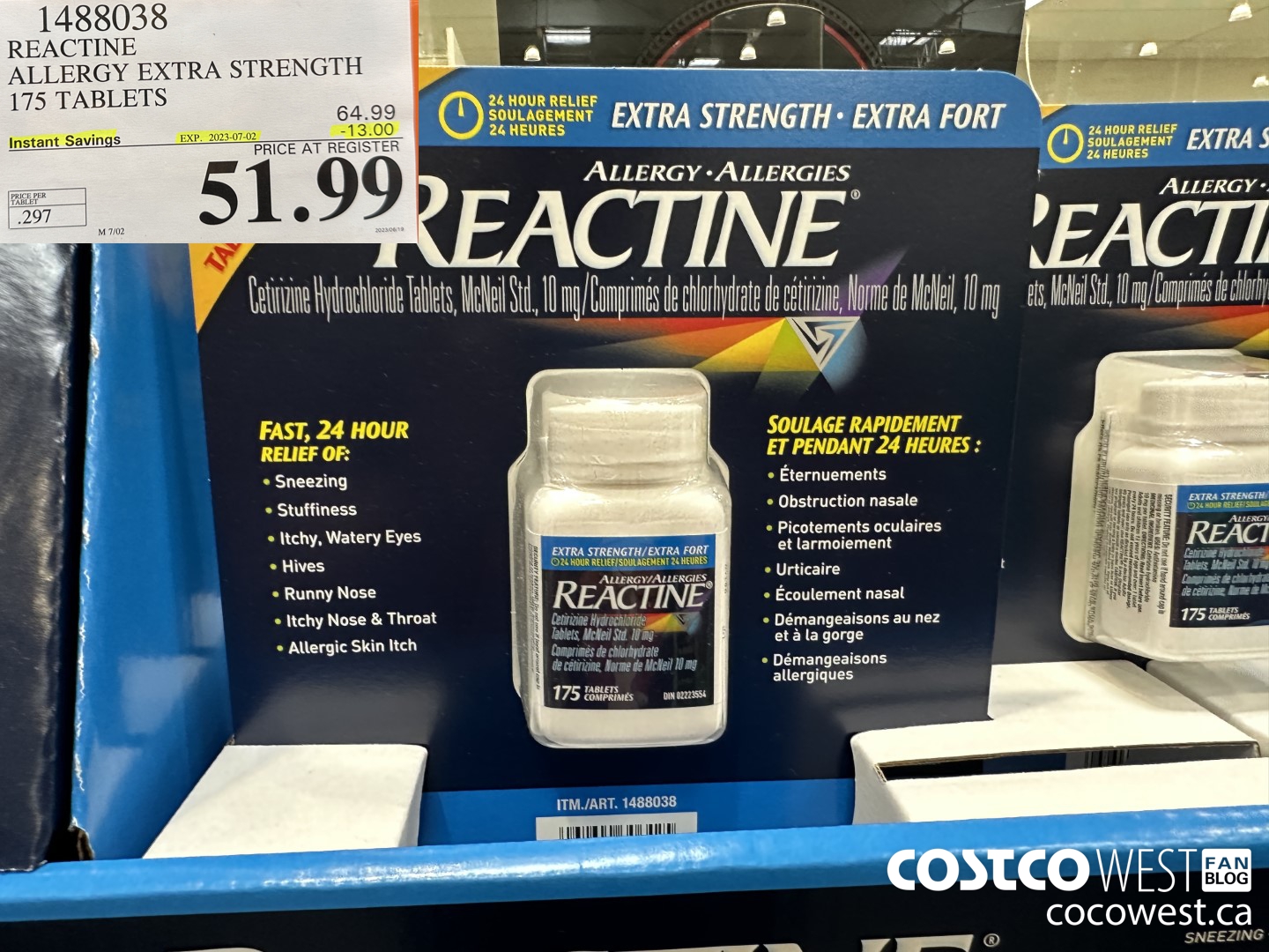 1488038 REACTINE ALLERGY EXTRA STRENGTH 175 TABLETS ($13.00 INSTANT SAVINGS EXPIRES ON 2023-07-02) $51.9