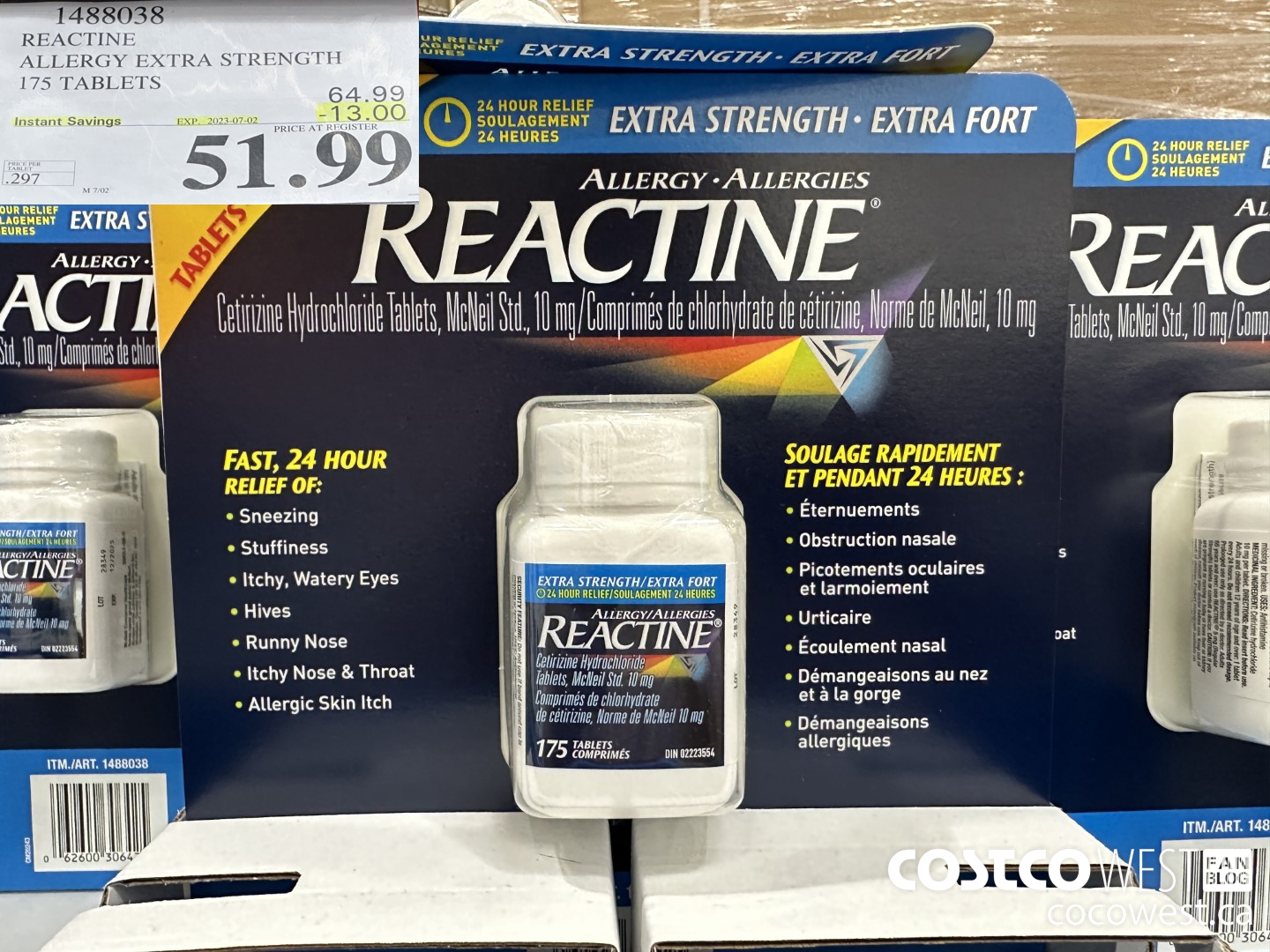 1488038 REACTINE ALLERGY EXTRA STRENGTH 175 TABLETS ($13.00 INSTANT SAVINGS EXPIRES ON 2023-07-02) $51.99