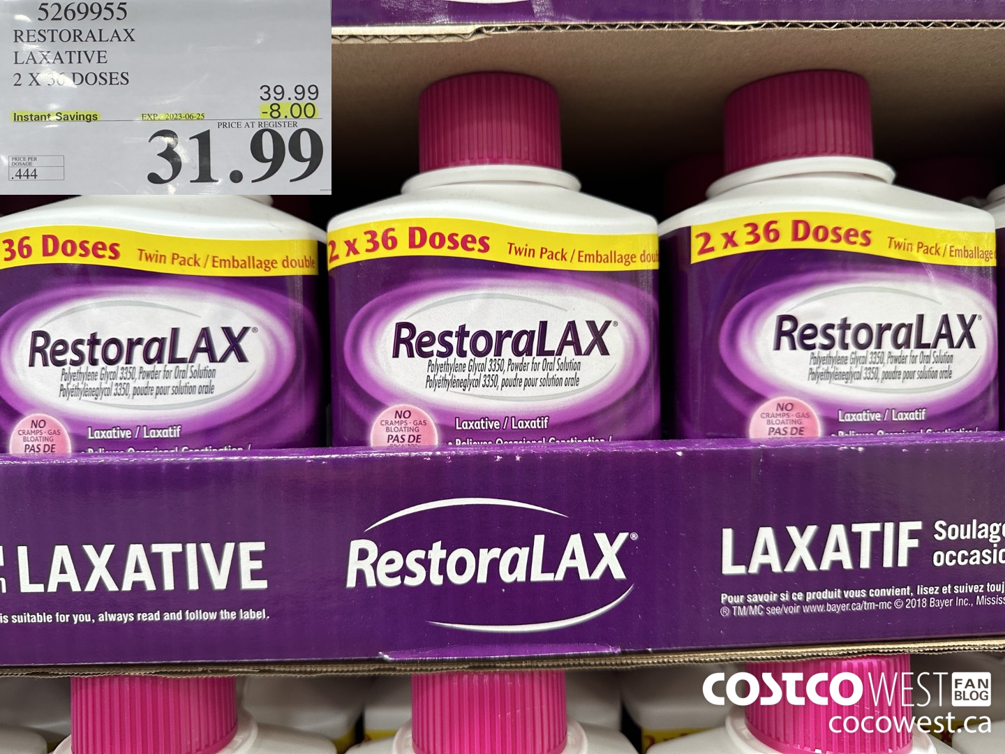 5269955 RESTORALAX LAXATIVE 2 X 36 DOSES ($8.00 INSTANT SAVINGS EXPIRES ON 2023-06-25) $31.99