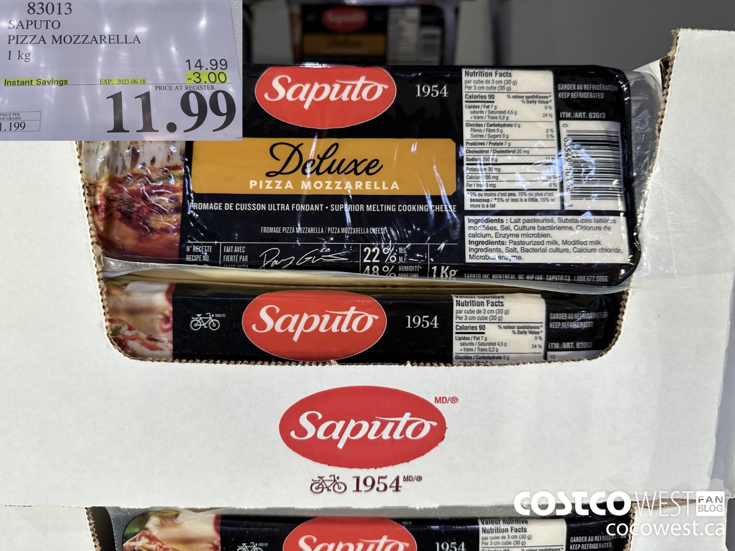 83013 SAPUTO PIZZA MOZZARELLA 1 kg ($3.00 INSTANT SAVINGS EXPIRES ON 2023-06-18) $11.99