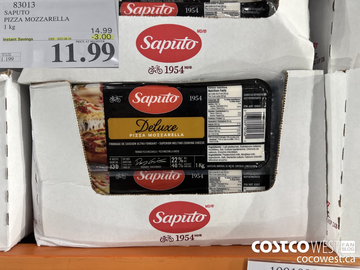 83013 SAPUTO PIZZA MOZZARELLA 1 kg ($3.00 INSTANT SAVINGS EXPIRES ON 2023-06-18) $11.99