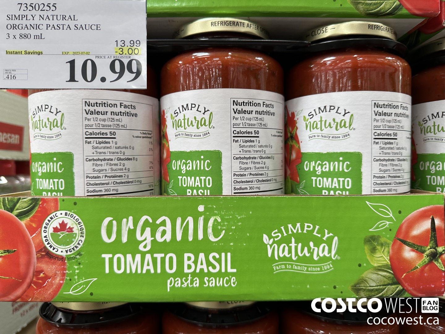 7350255 SIMPLY NATURAL ORGANIC PASTA SAUCE 3 X 880 ML ($3.00 INSTANT SAVINGS EXPIRES ON 2023-07-02) $10.99