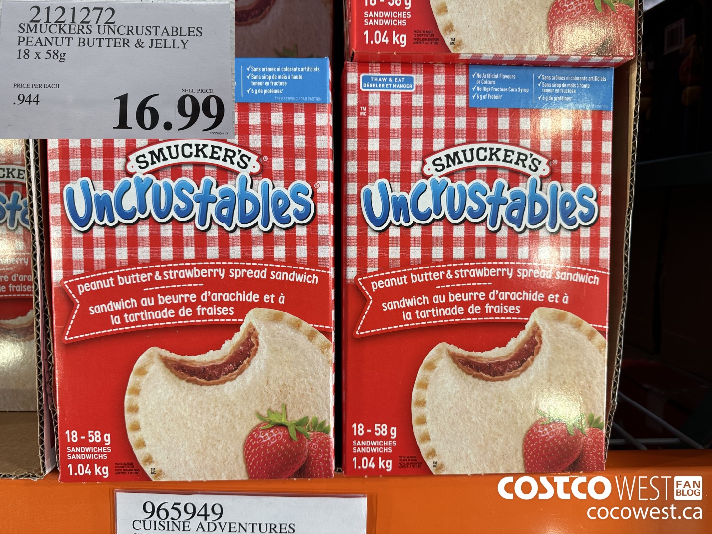 2121272 SMUCKERS UNCRUSTABLES PEANUT BUTTER & JELLY 18 X 58G $16.99