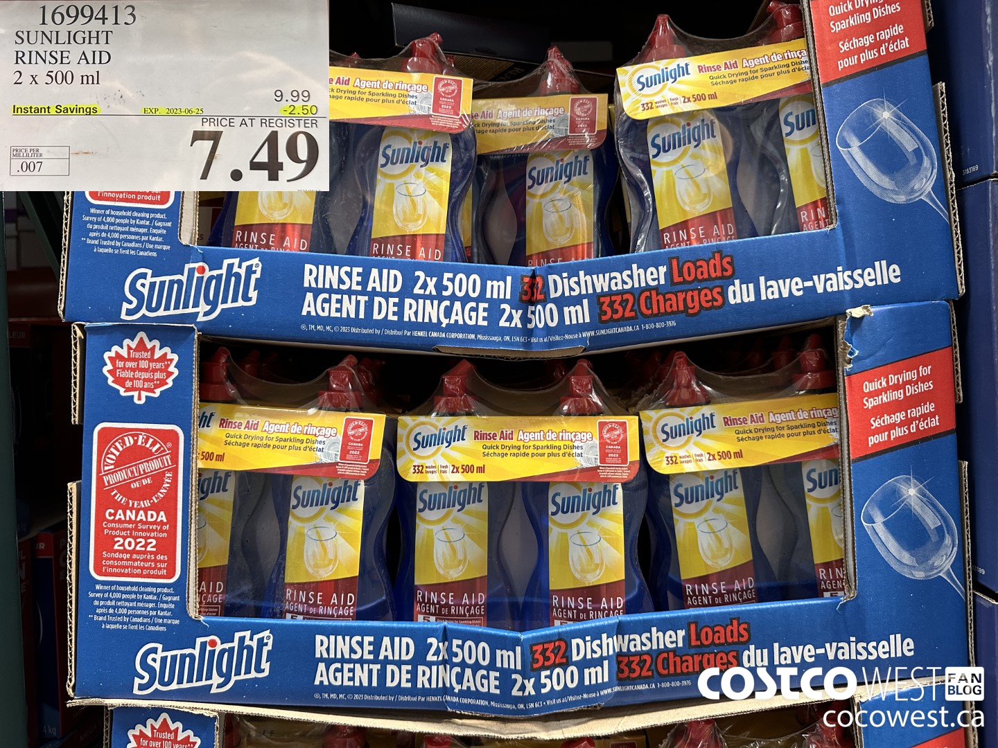 1699413 SUNLIGHT RINSE AID 2 x 500 ml  ($2.50 INSTANT SAVINGS EXPIRES ON 2023-06-25) $7.49