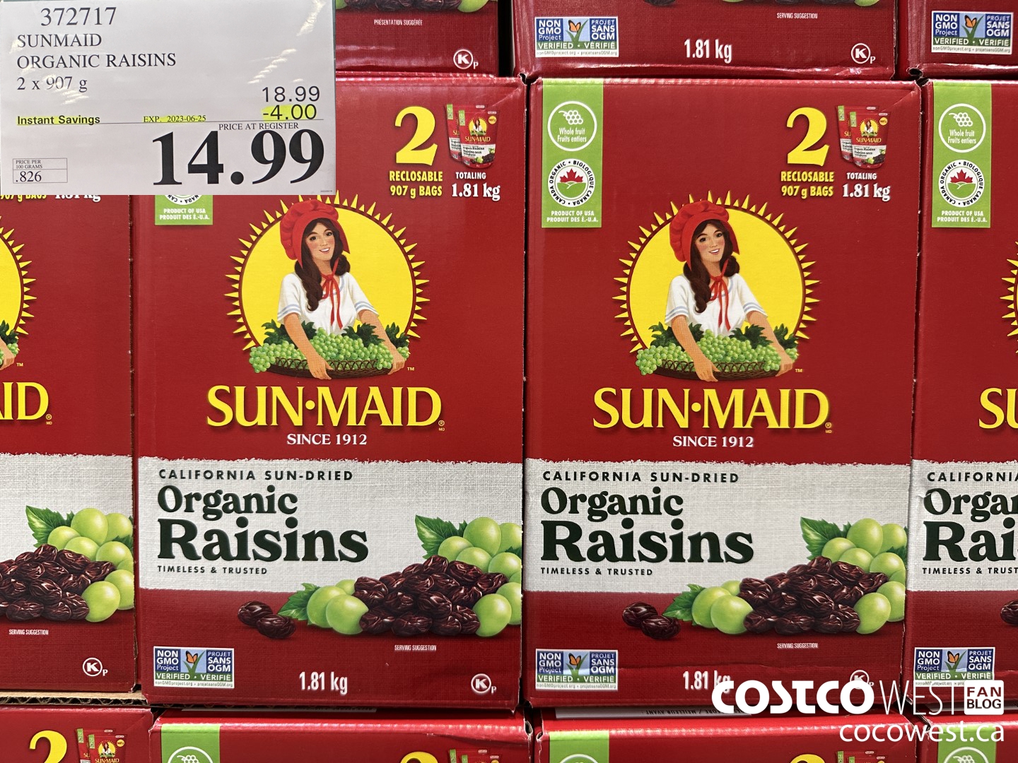 372717 SUNMAID ORGANIC RAISINS 2 X 907 G ($4.00 INSTANT SAVINGS EXPIRES ON 2023-06-25) $14.99