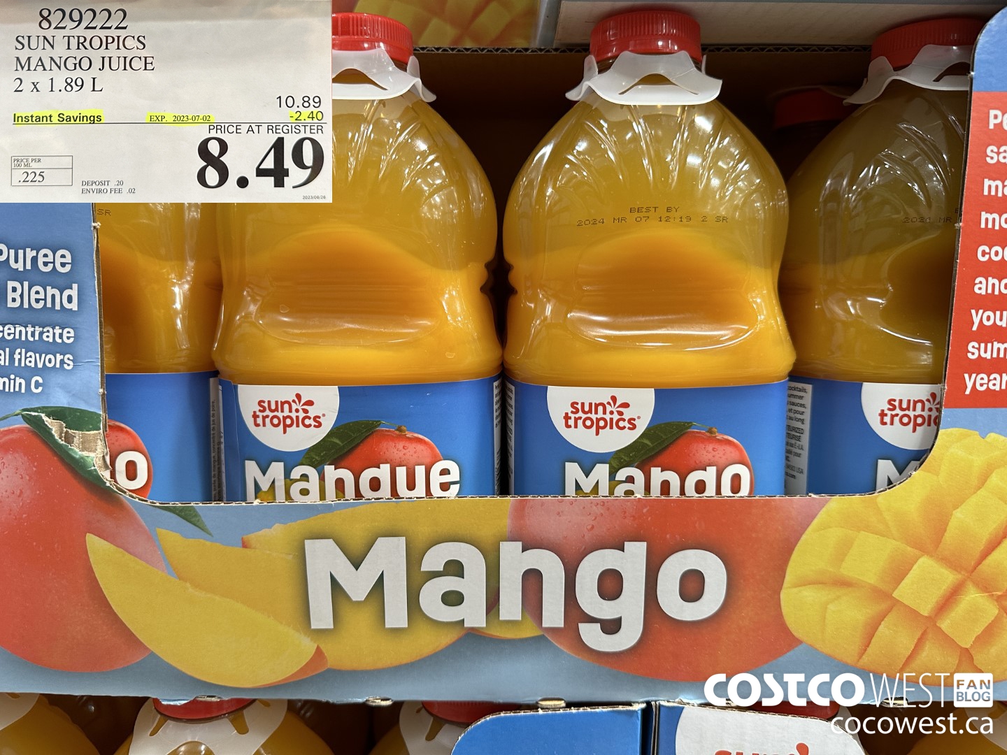 829222 SUN TROPICS MANGO JUICE 2 X 1.89 L ($2.50 INSTANT SAVINGS EXPIRES ON 2023-07-02) $8.49