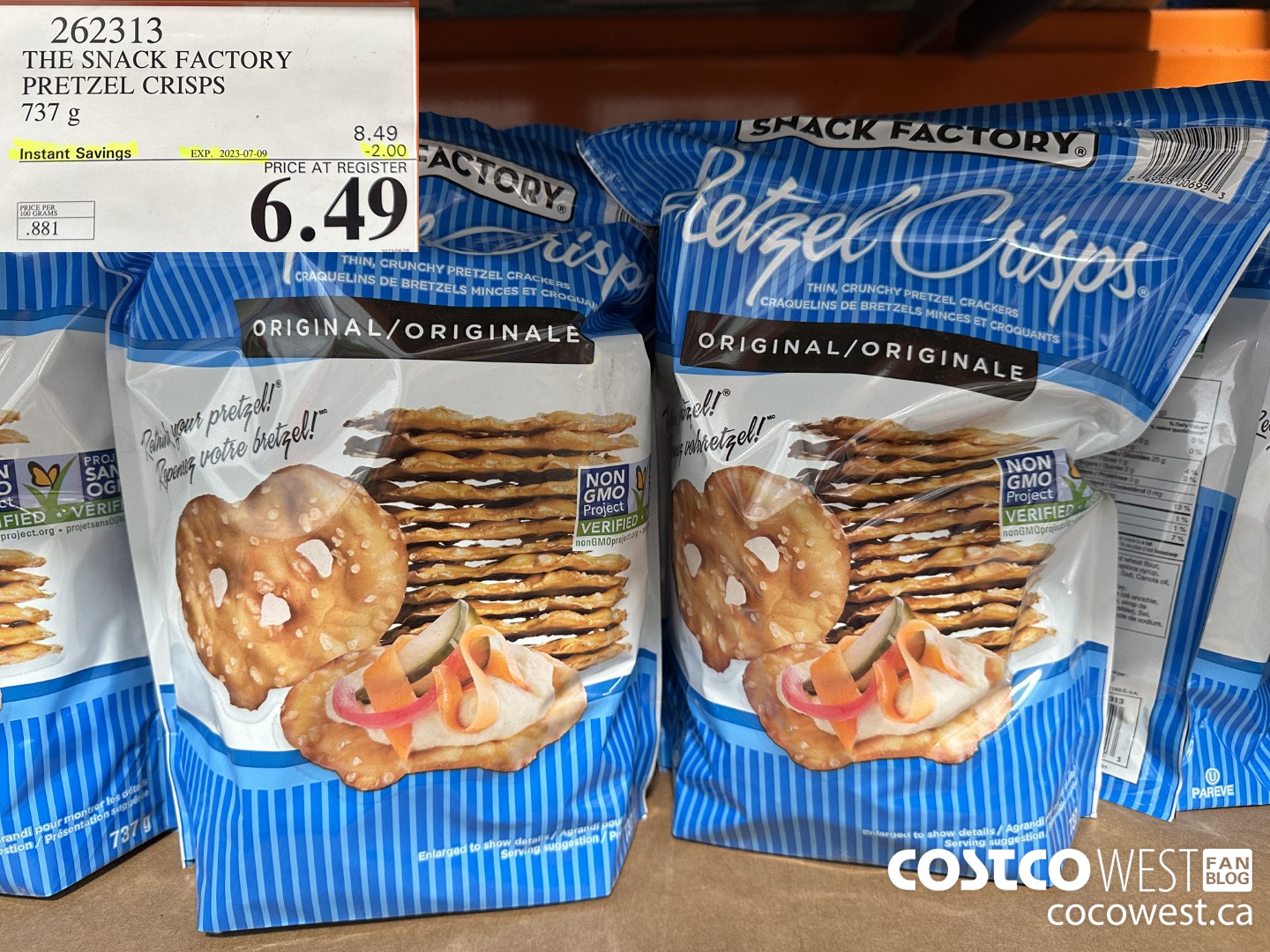 262313 THE SNACK FACTORY PRETZEL CRISPS 737 g ($2.00 INSTANT SAVINGS EXPIRES ON 2023-07-09) $6.49