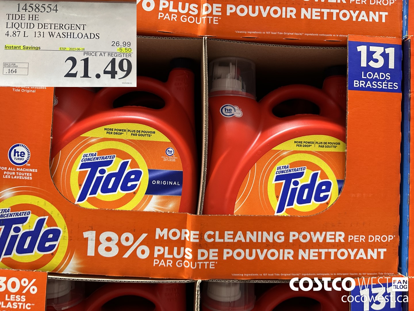1458554 TIDE HE LIQUID DETERGENT 4.87 L 131 WASHLOADS ($5.50 INSTANT SAVINGS EXPIRES ON 2023-06-18) $21.49