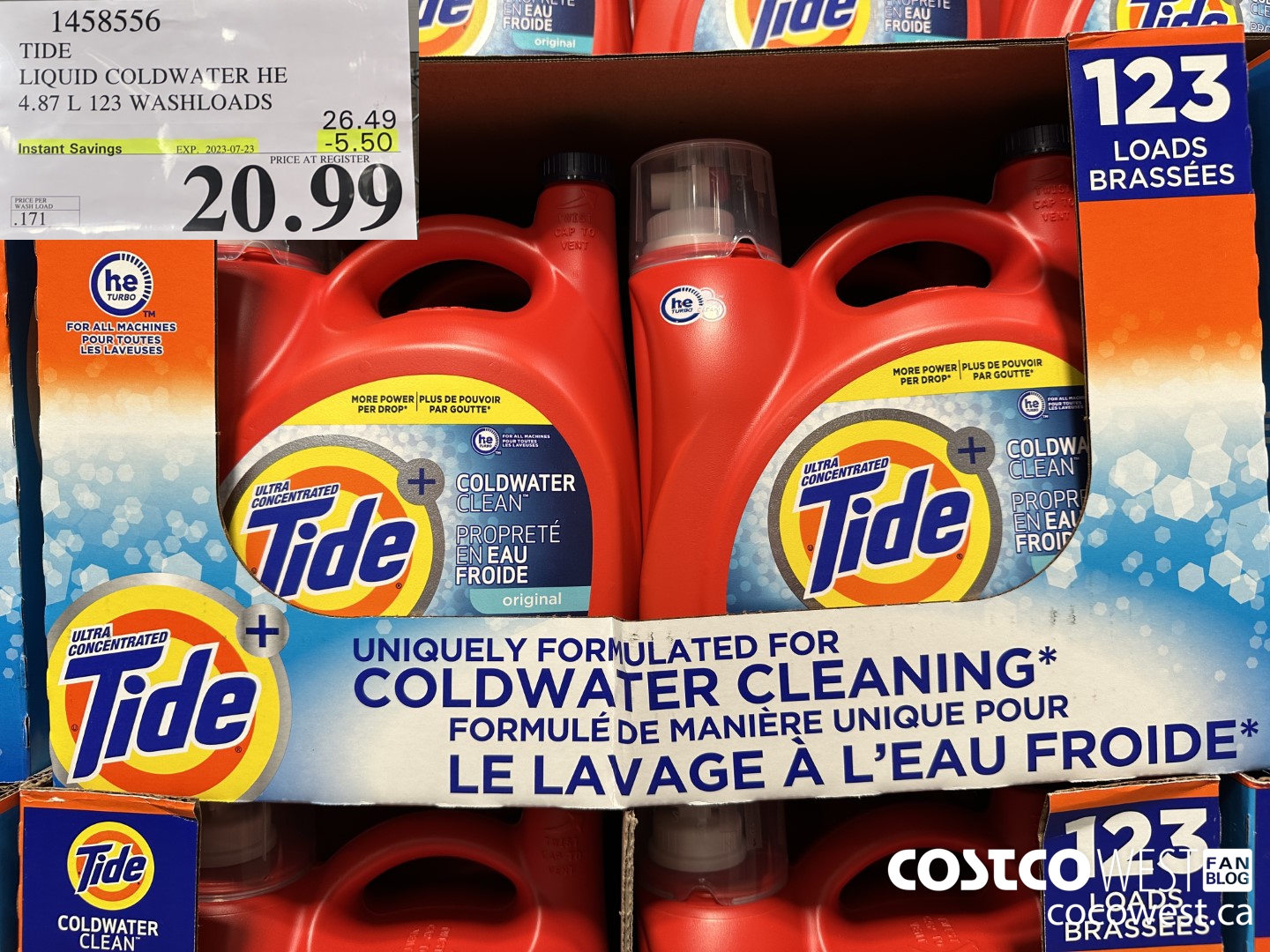1458556 TIDE LIQUID COLDWATER HE 4.78 L 123 WASHLOADS  ($5.50 INSTANT SAVINGS EXPIRES ON 2023-07-23) $20.99