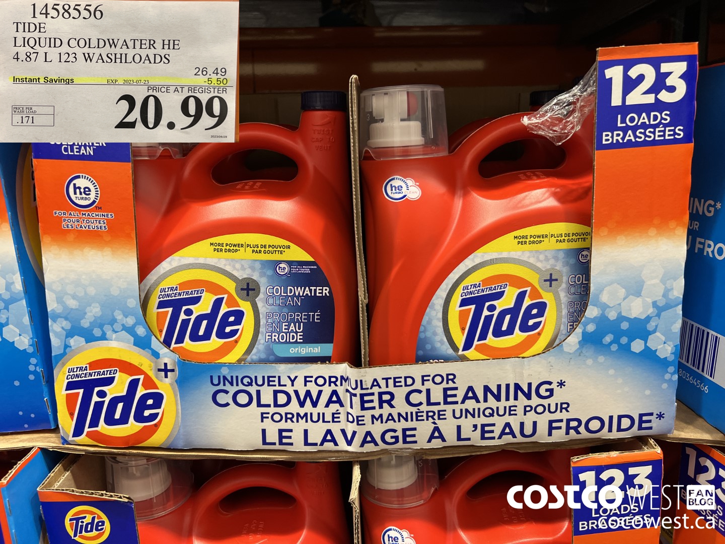 1458556 TIDE LIQUID COLDWATER HE 4.78 L 123 WASHLOADS  ($5.50 INSTANT SAVINGS EXPIRES ON 2023-07-23) $20.99