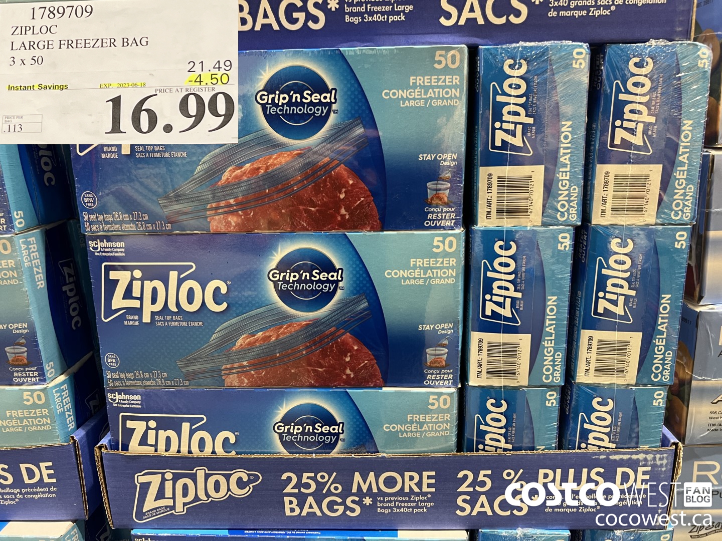 1789709 ZIPLOC LARGE FREEZER BAG 3 X 50 ($4.50 INSTANT SAVINGS EXPIRES ON 2023-06-18) $16.99
