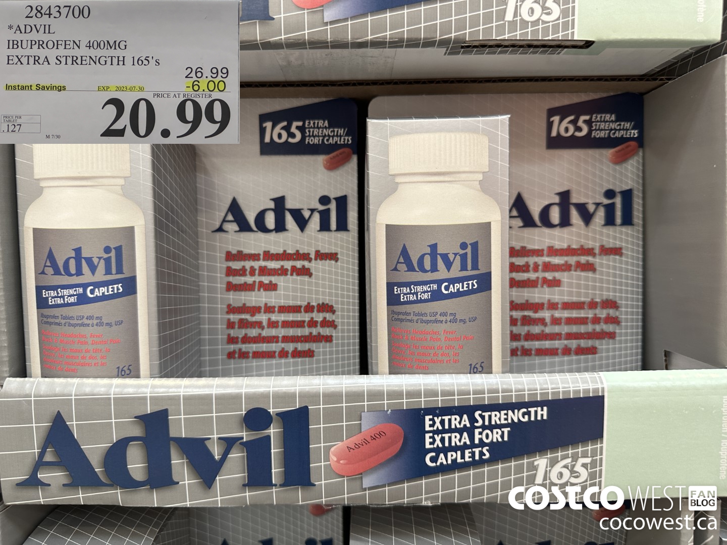2843700 ADVIL IBUPROFEN 400MG EXTRA STRENGTH 165'S ($6.00 INSTANT SAVINGS EXPIRES ON 2023-07-30) $20.99