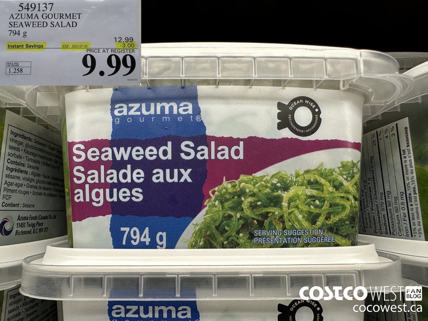 549137 AZUMA GOURMET SEAWEED SALAD 794 G ($3.00 INSTANT SAVINGS EXPIRES ON 2023-07-30) $9.99