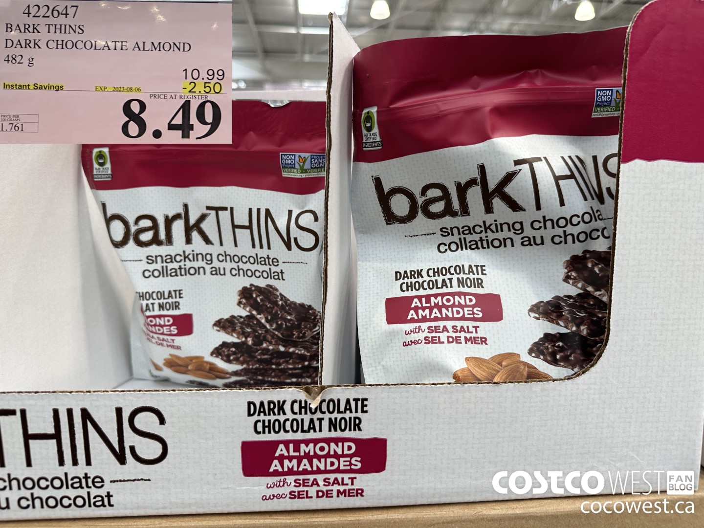 422647 BARK THINS DARK CHOCOLATE ALMOND 482 g ($2.50 INSTANT SAVINGS EXPIRES ON 2023-08-06) $8.49