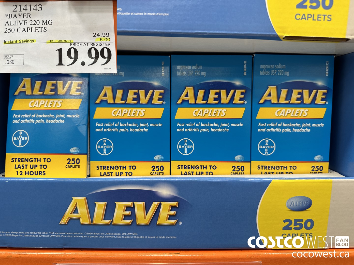 214143 BAYER ALEVE 220 MG 250 CAPLETS ($5.00 INSTANT SAVINGS EXPIRES ON 2023-07-16) $19.99