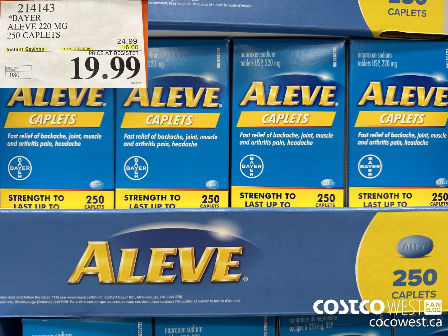 214143 BAYER ALEVE 220 MG 250 CAPLETS ($5.00 INSTANT SAVINGS EXPIRES ON 2023-07-16) $19.99