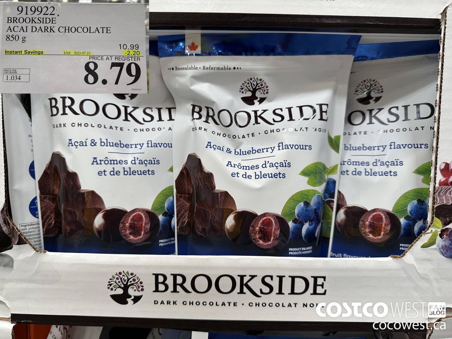 919922 BROOKSIDE ACAI DARK CHOCOLATE 850 g ($2.20 INSTANT SAVINGS EXPIRES ON 2023-07-23) $8.79