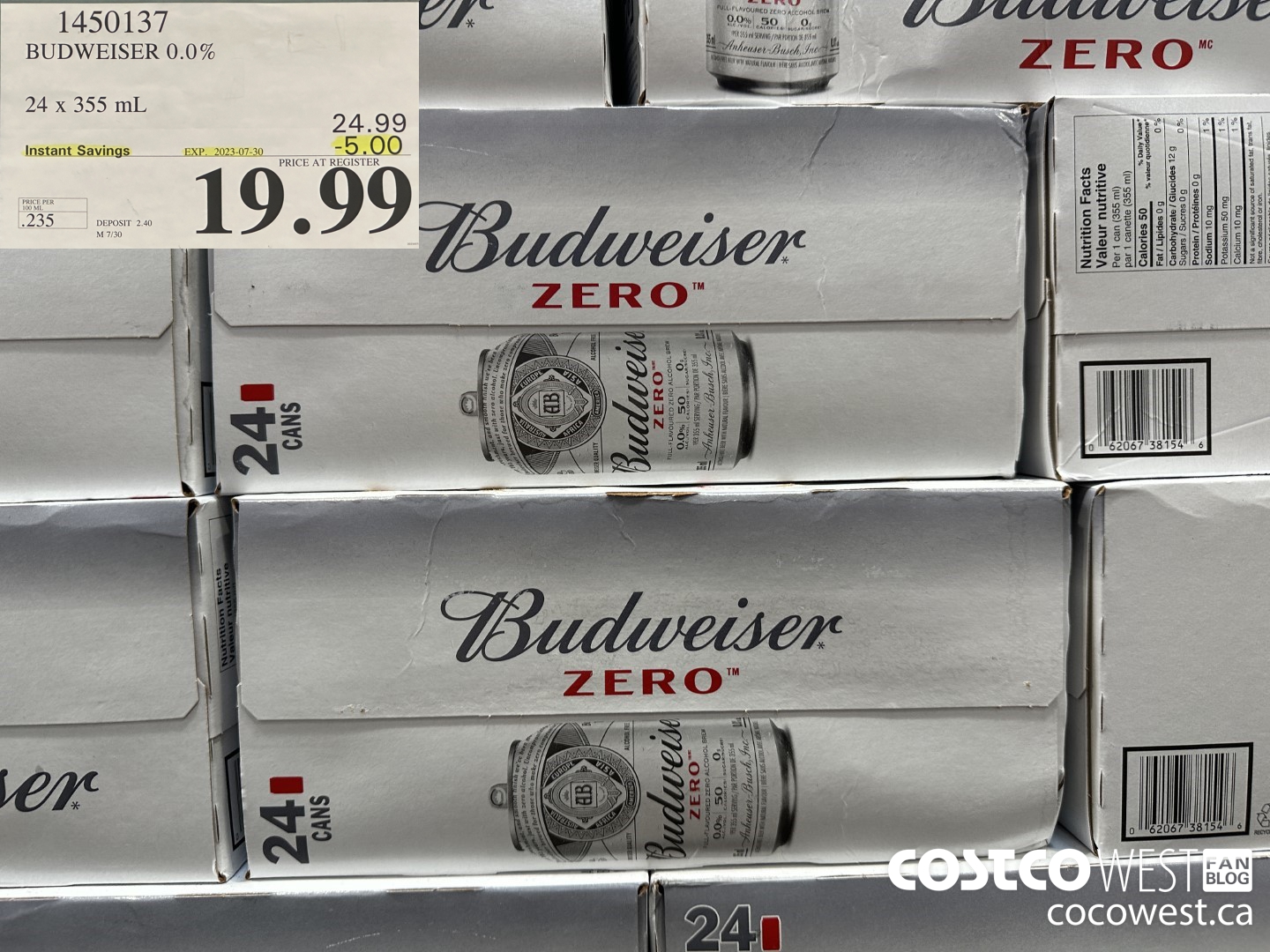1450137 BUDWEISER 0.0% 24 x 355 mL ($5.00 INSTANT SAVINGS EXPIRES ON 2023-07-30) $19.99