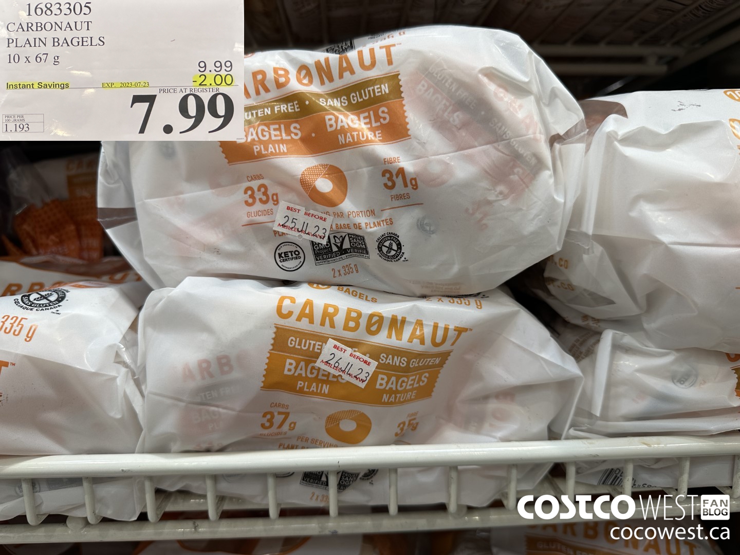 1683305 CARBONAUT PLAIN BAGELS 10 X 67 G ($2.00 INSTANT SAVINGS EXPIRES ON 2023-07-23) $7.99