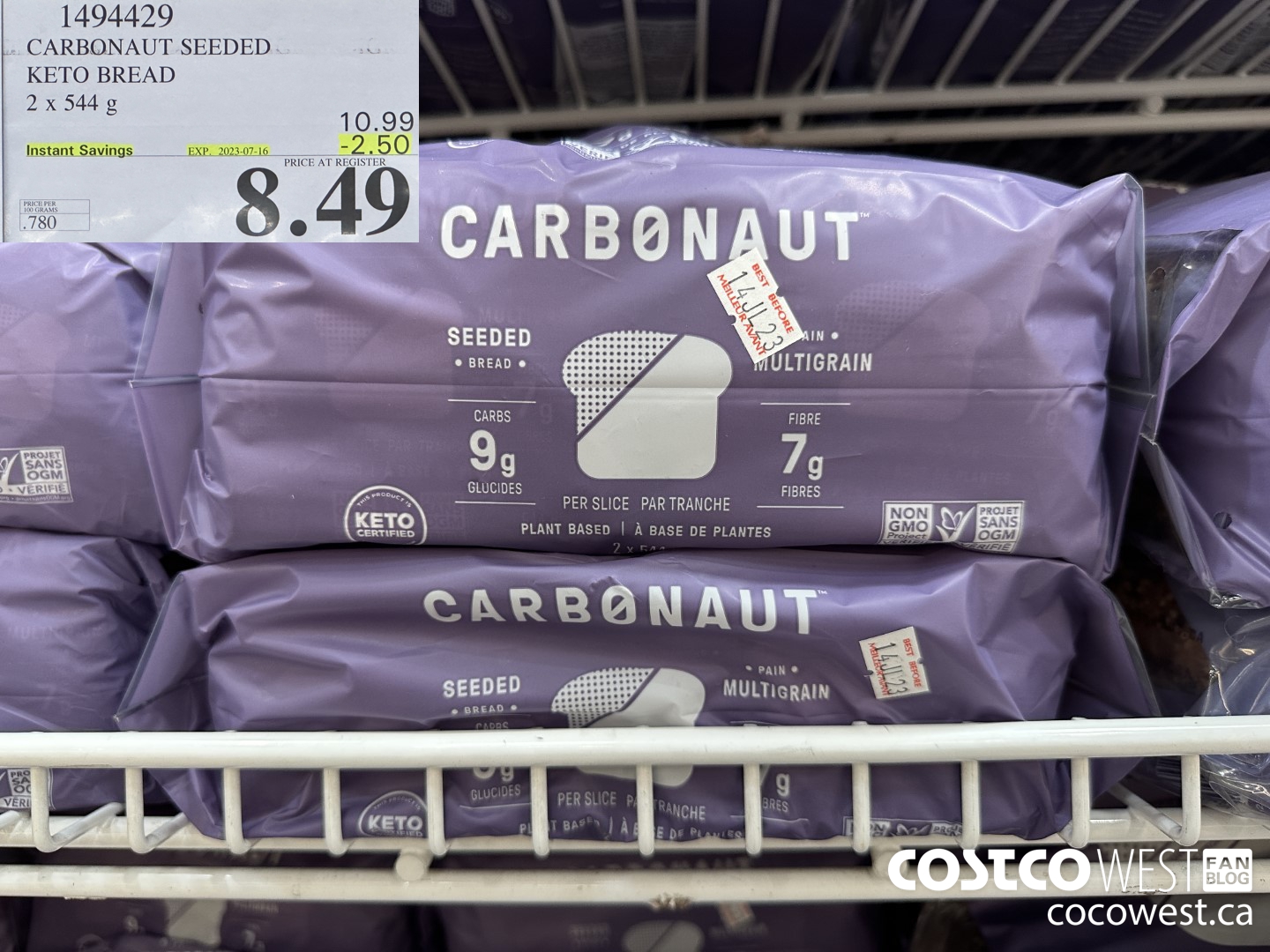 1494429 CARBONAUT SEEDED KETO BREAD 2 x 544 g ($2.50 INSTANT SAVINGS EXPIRES ON 2023-07-16) $8.49