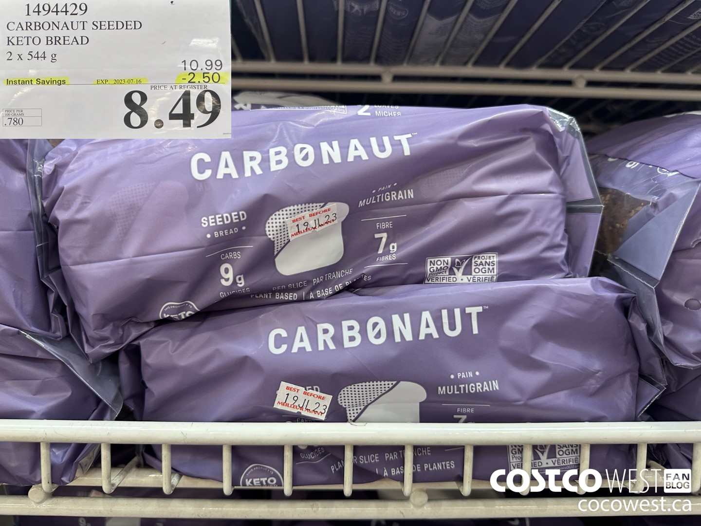 1494429 CARBONAUT SEEDED KETO BREAD 2 x 544 g ($2.50 INSTANT SAVINGS EXPIRES ON 2023-07-16) $8.49