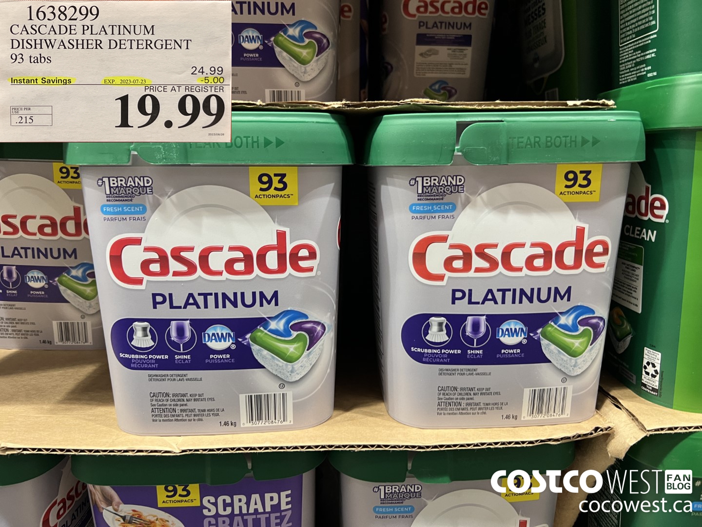 1638299 CASCADE PLATINUM DISHWASHER DETERGENT 93 TABS ($5.00 INSTANT SAVINGS EXPIRES ON 2023-07-23) $19.99