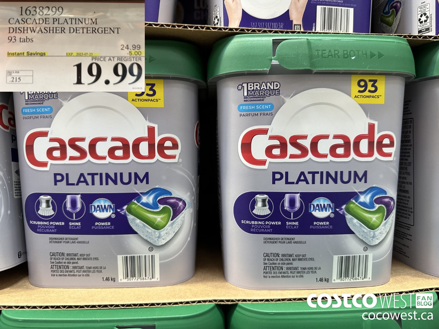 1638299 CASCADE PLATINUM DISHWASHER DETERGENT 93 TABS ($5.00 INSTANT SAVINGS EXPIRES ON 2023-07-23) $19.99