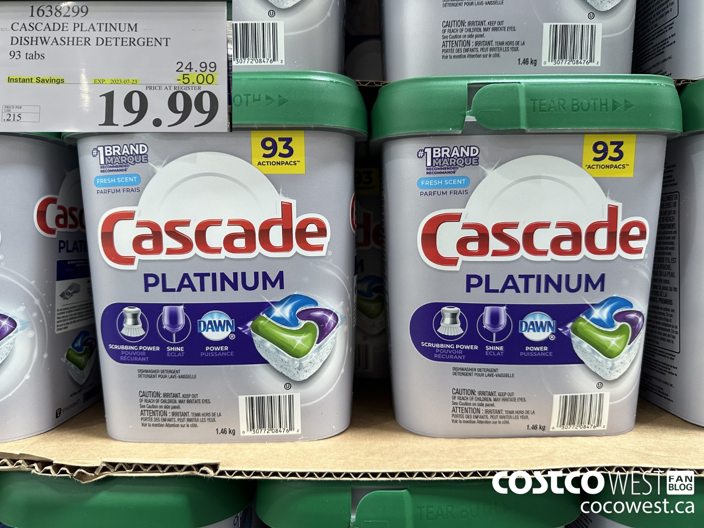 1638299 CASCADE PLATINUM DISHWASHER DETERGENT 93 TABS ($5.00 INSTANT SAVINGS EXPIRES ON 2023-07-23) $19.99