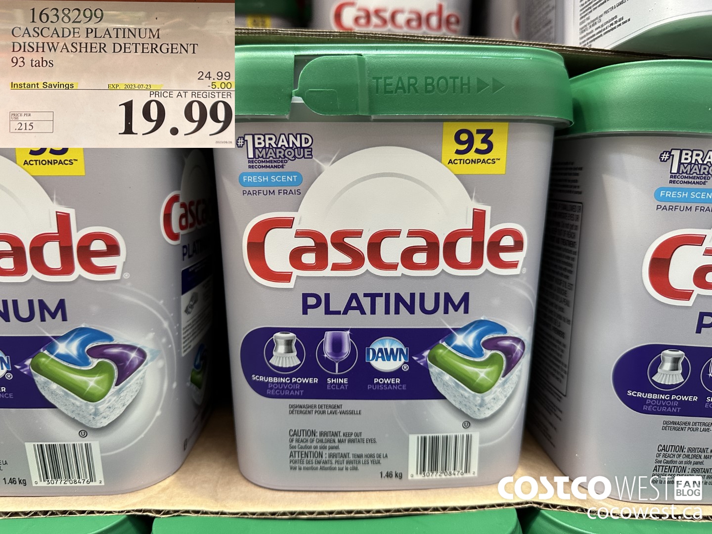 1638299 CASCADE PLATINUM DISHWASHER DETERGENT 93 TABS ($5.00 INSTANT SAVINGS EXPIRES ON 2023-07-23) $19.99