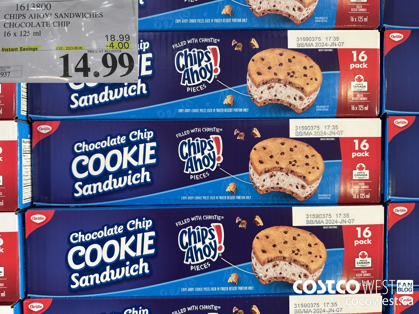 1613800 CHIPS AHOY! SANDWICHES CHOCOLATE CHIP 16 X 125ML ($4.00 INSTANT SAVINGS EXPIRES ON 2023-08-06) $14.99