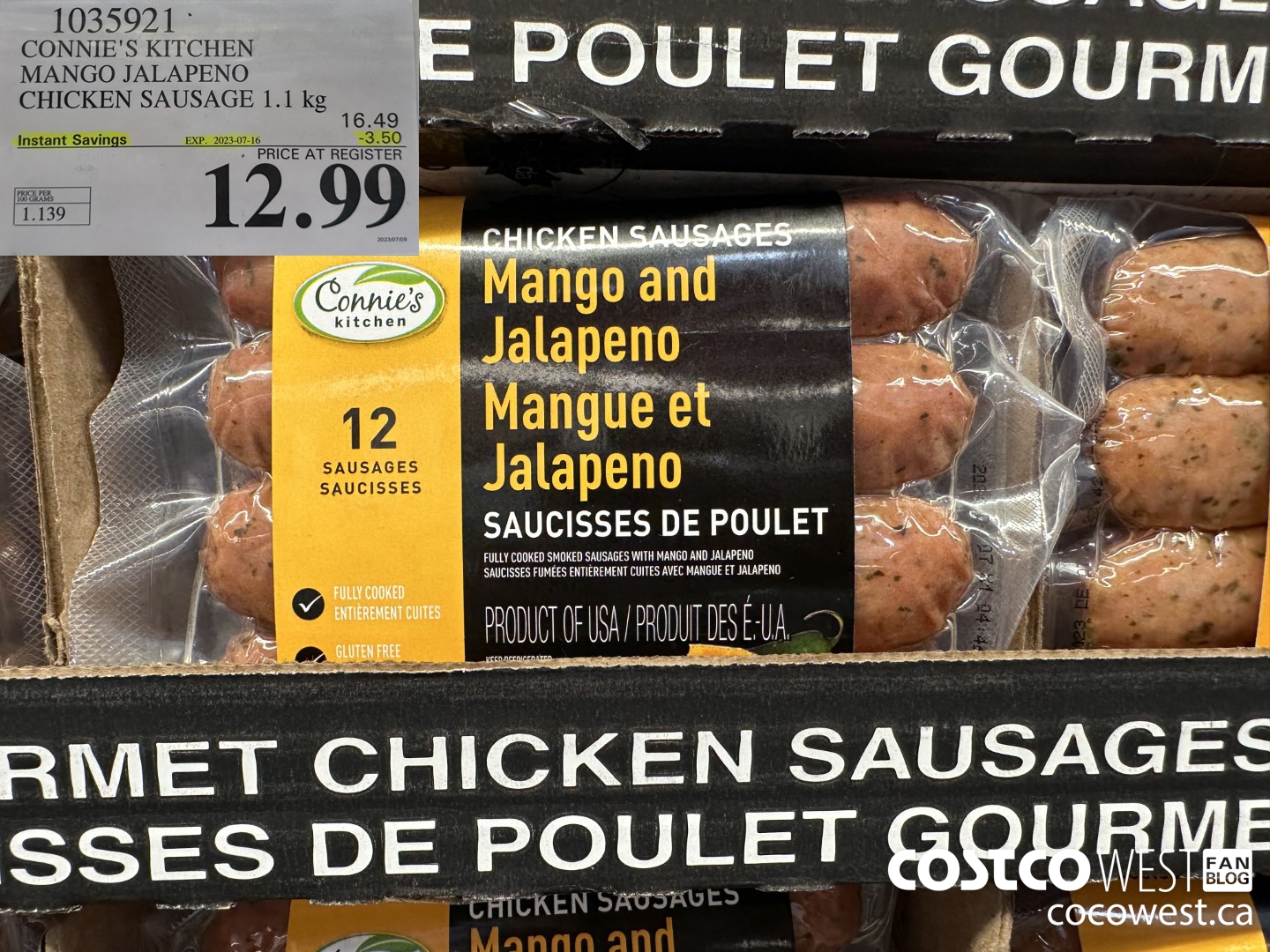 1035921 CONNIE'S KITCHEN MANGO JALAPENO CHICKEN SAUSAGE 1.1 KG ($3.50 INSTANT SAVINGS EXPIRES ON 2023-07-16) $12.99