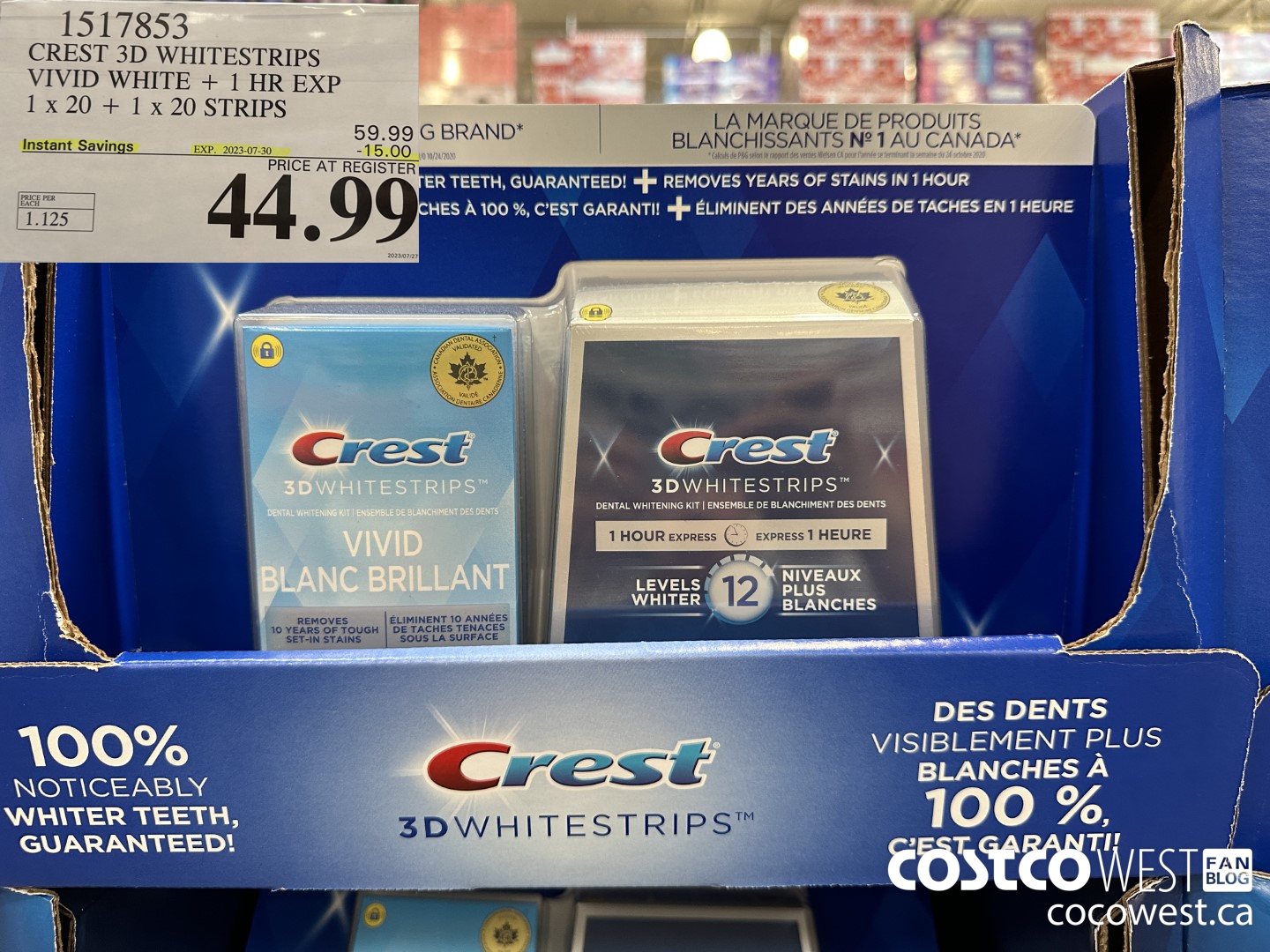 1517853 CREST 3D WHITESTRIPS VIVID WHITE + 1 HR EXP 1 x 20 + 1 x 20 STRIPS ($15.00 INSTANT SAVINGS EXPIRES ON 2023-07-30) $44.99