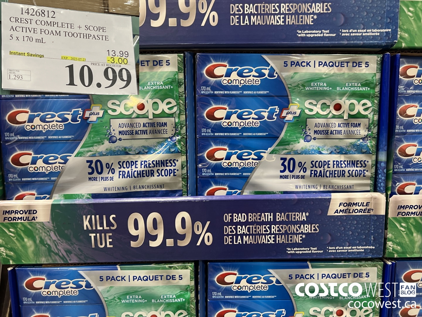 1426812 CREST COMPLETE + SCOPE ACTIVE FOAM TOOTHPASTE 5 x 170ml  ($3.00 INSTANT SAVINGS EXPIRES ON 2023-07-23) $10.99