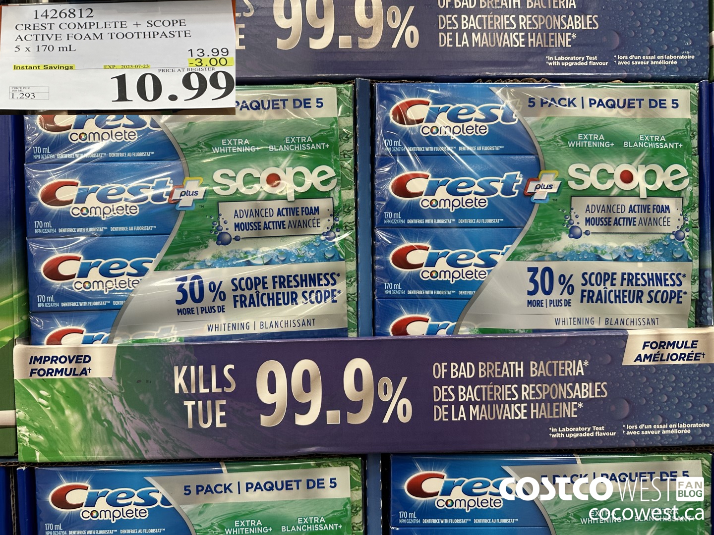 1426812 CREST COMPLETE + SCOPE ACTIVE FOAM TOOTHPASTE 5 x 170ml  ($3.00 INSTANT SAVINGS EXPIRES ON 2023-07-23) $10.99