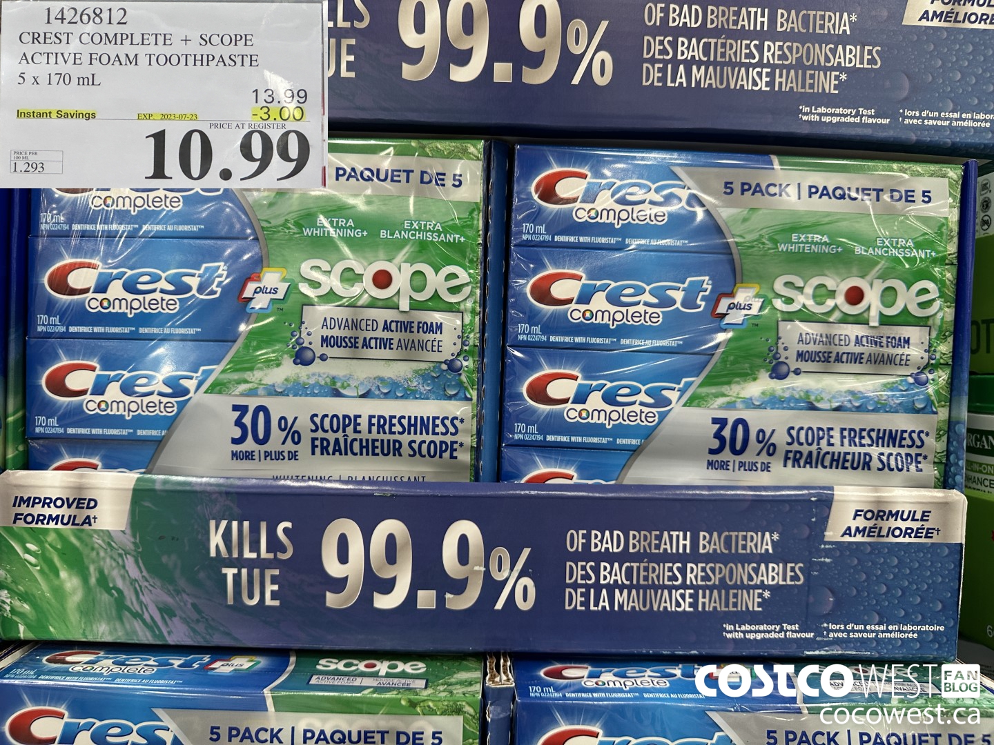 1426812 CREST COMPLETE + SCOPE ACTIVE FOAM TOOTHPASTE 5 x 170ml  ($3.00 INSTANT SAVINGS EXPIRES ON 2023-07-23) $10.99