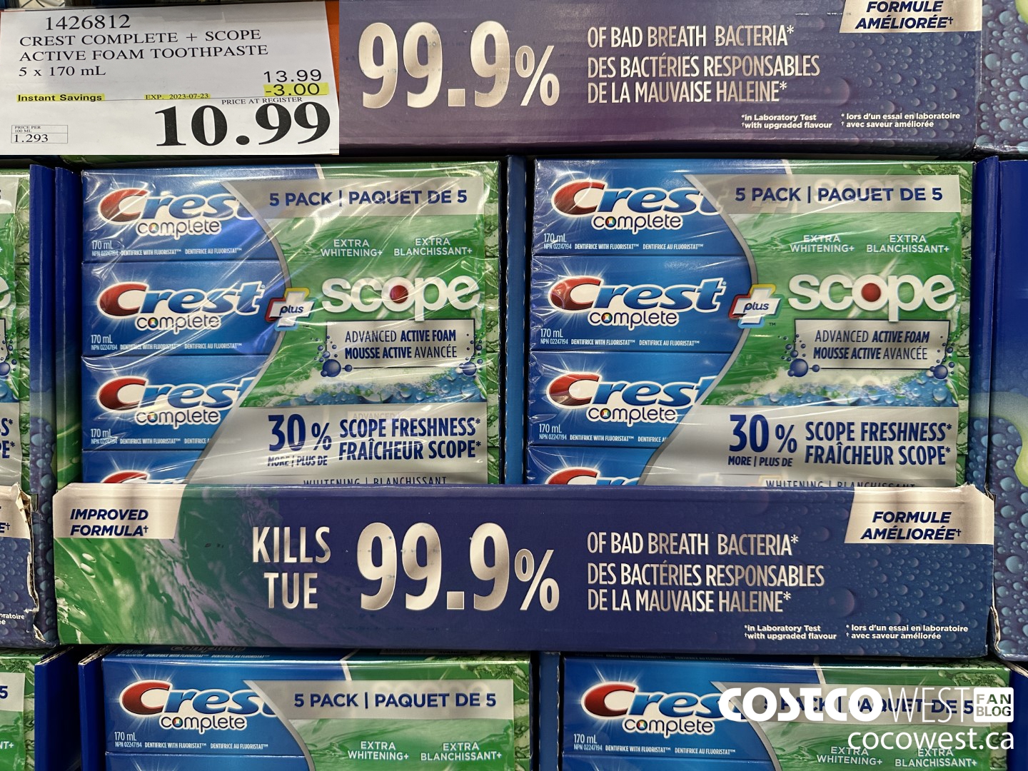 1426812 CREST COMPLETE + SCOPE ACTIVE FOAM TOOTHPASTE 5 x 170ml  ($3.00 INSTANT SAVINGS EXPIRES ON 2023-07-23) $10.99