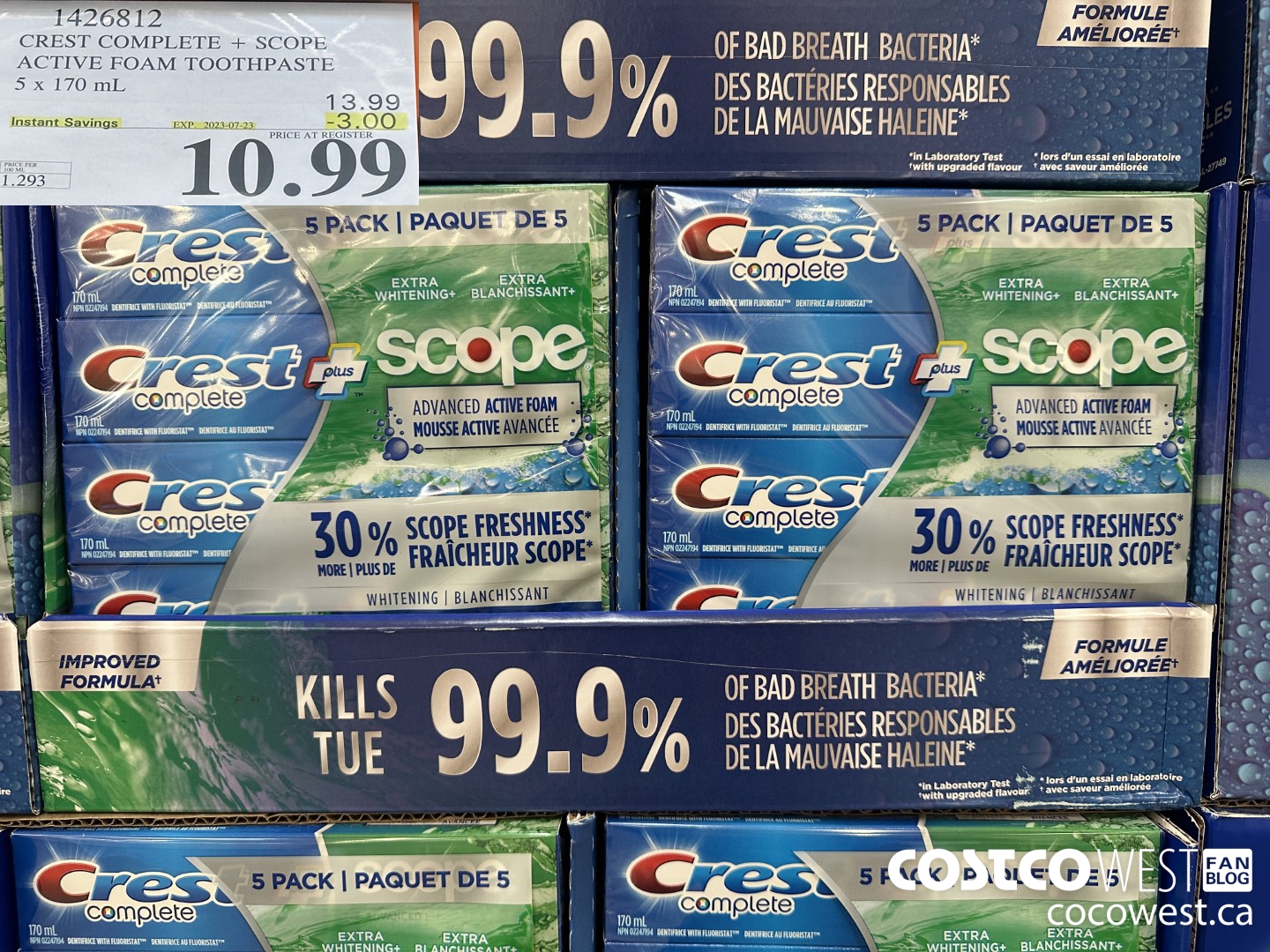 1426812 CREST COMPLETE + SCOPE ACTIVE FOAM TOOTHPASTE 5 x 170ml  ($3.00 INSTANT SAVINGS EXPIRES ON 2023-07-23) $10.99