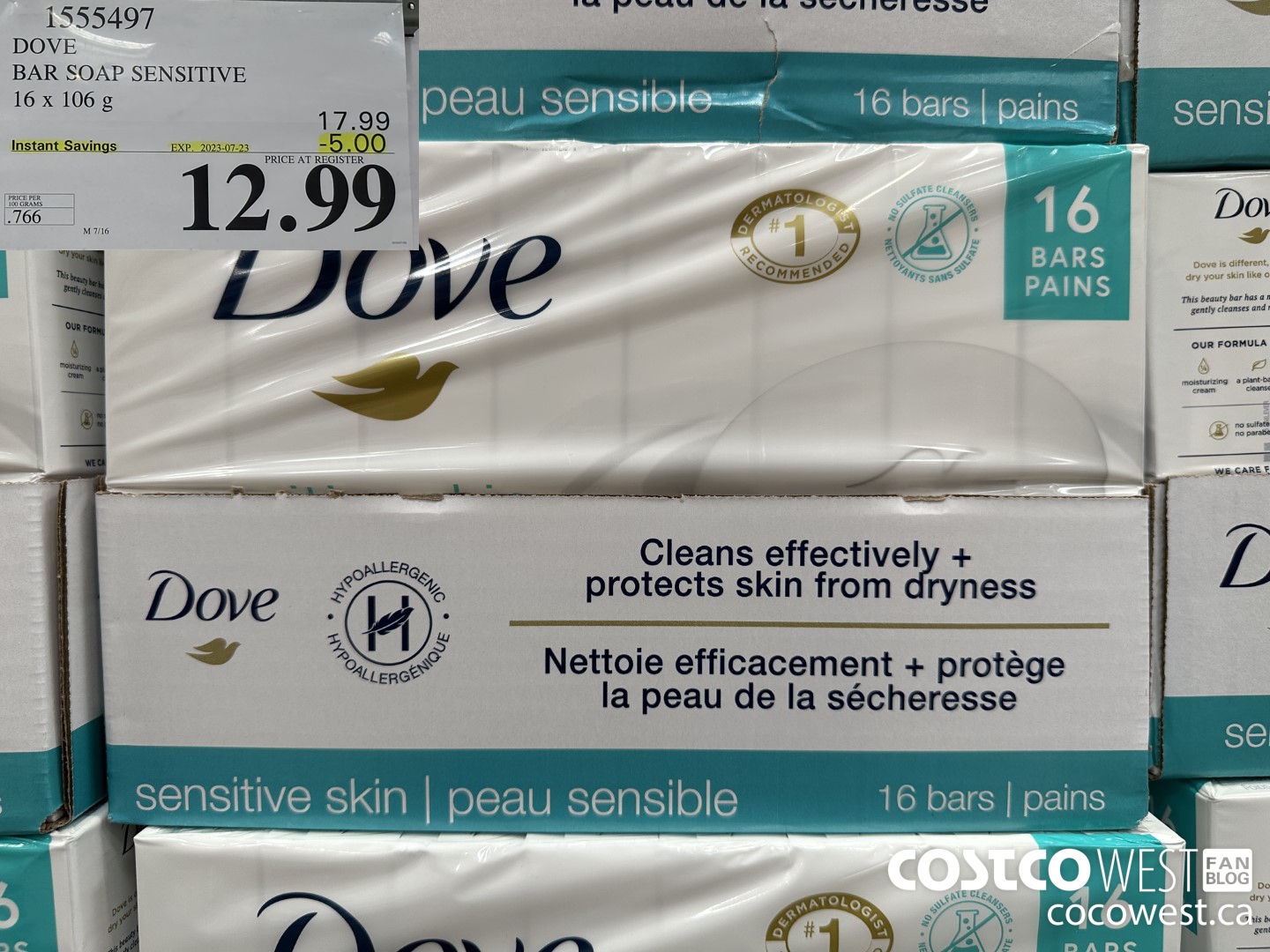 1555497 DOVE BAR SOAP SENSITIVE SKIN 16 x 106 g ($5.00 INSTANT SAVINGS EXPIRES ON 2023-07-23) $12.99