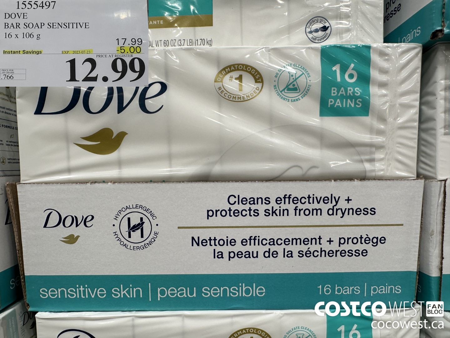 1555497 DOVE BAR SOAP SENSITIVE SKIN 16 x 106 g ($5.00 INSTANT SAVINGS EXPIRES ON 2023-07-23) $12.99