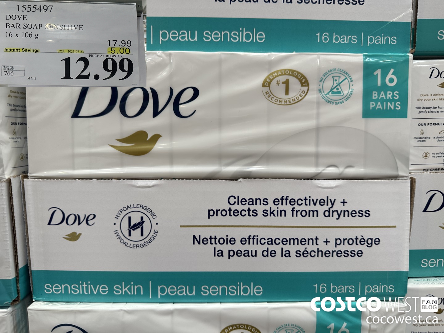 1555497 DOVE BAR SOAP SENSITIVE SKIN 16 x 106 g ($5.00 INSTANT SAVINGS EXPIRES ON 2023-07-23) $12.99