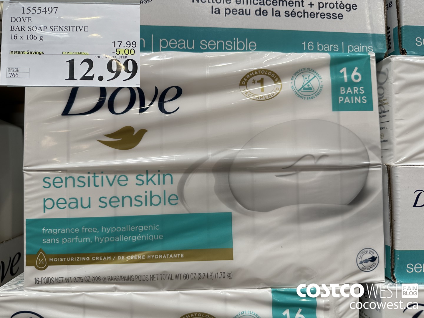 1555497 DOVE BAR SOAP SENSITIVE SKIN 16 x 106 g ($5.00 INSTANT SAVINGS EXPIRES ON 2023-07-30) $12.99