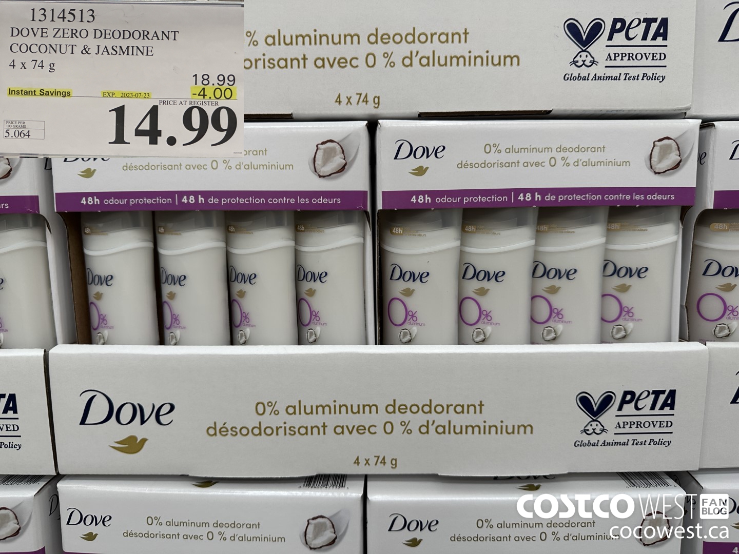 1314513 DOVE ZERO DEODORANT COCONUT & JASMINE 4 X 74 G ($4.00 INSTANT SAVINGS EXPIRES ON 2023-07-23) $14.99