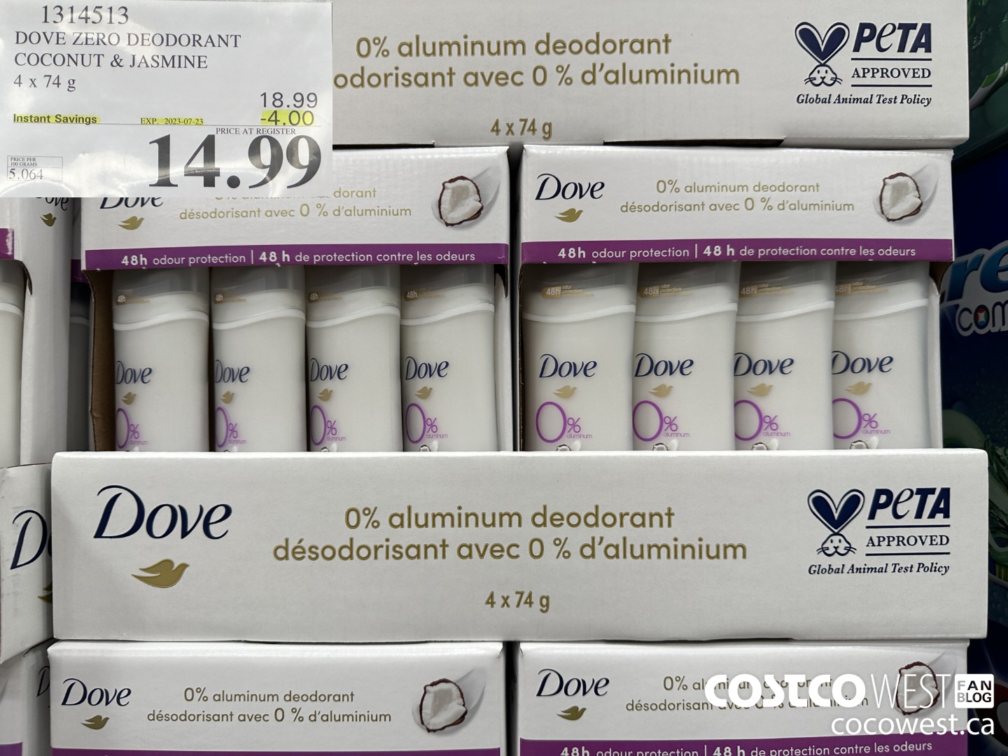 1314513 DOVE ZERO DEODORANT COCONUT & JASMINE 4 X 74 G ($4.00 INSTANT SAVINGS EXPIRES ON 2023-07-23) $14.99