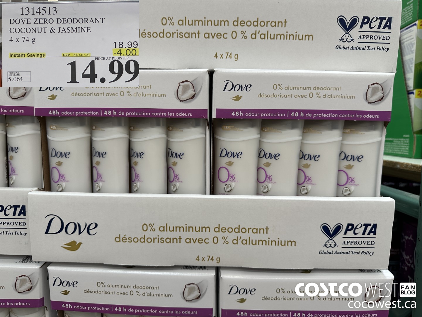 1314513 DOVE ZERO DEODORANT COCONUT & JASMINE 4 X 74 G ($4.00 INSTANT SAVINGS EXPIRES ON 2023-07-23) $14.99
