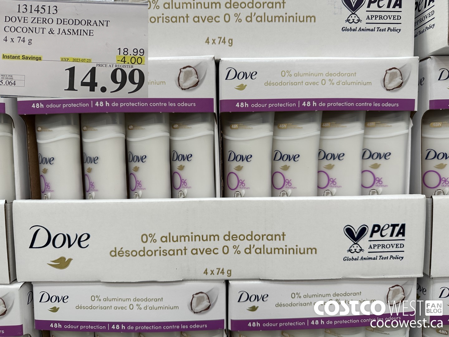 1314513 DOVE ZERO DEODORANT COCONUT & JASMINE 4 X 74 G ($4.00 INSTANT SAVINGS EXPIRES ON 2023-07-23) $14.99