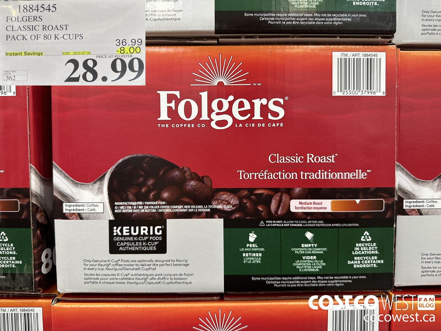 1884545 FOLGERS CLASSIC ROAST PACK OF 80 K-CUPS  ($8.00 INSTANT SAVINGS EXPIRES ON 2023-07-30) $28.99