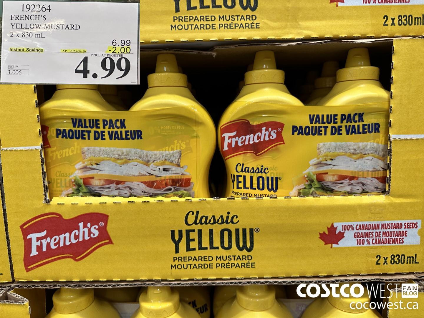 192264 FRENCH'S YELLOW MUSTARD 2 x 830 mL ($2.00 INSTANT SAVINGS EXPIRES ON 2023-07-16) $4.99