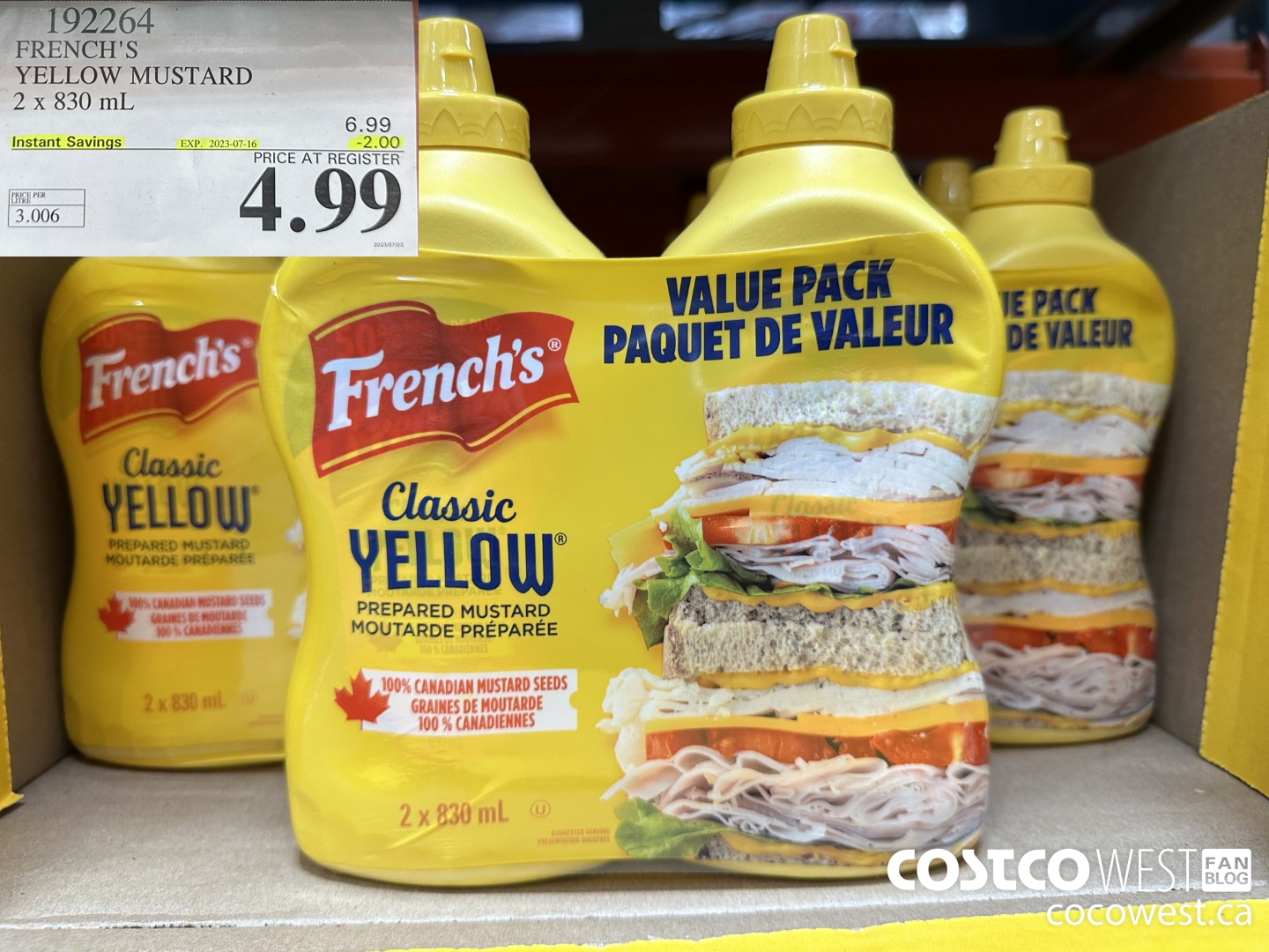 192264 FRENCH'S YELLOW MUSTARD 2 x 830 mL ($2.00 INSTANT SAVINGS EXPIRES ON 2023-07-16) $4.99
