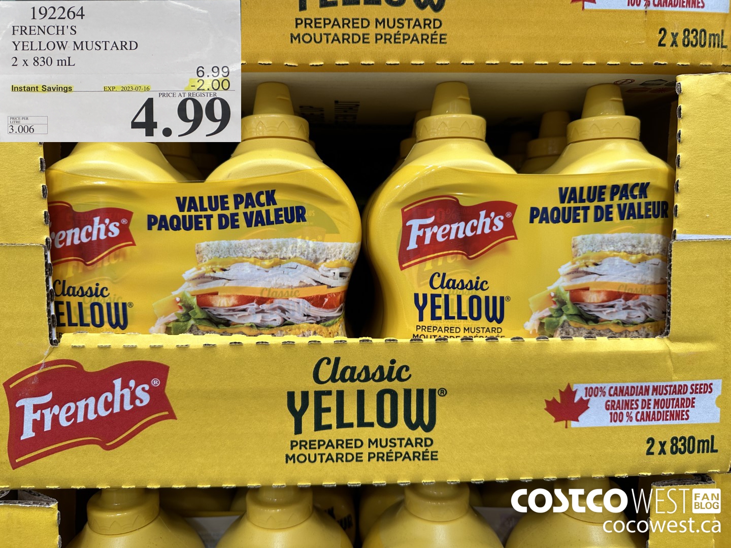 192264 FRENCH'S YELLOW MUSTARD 2 x 830 mL ($2.00 INSTANT SAVINGS EXPIRES ON 2023-07-16) $4.99