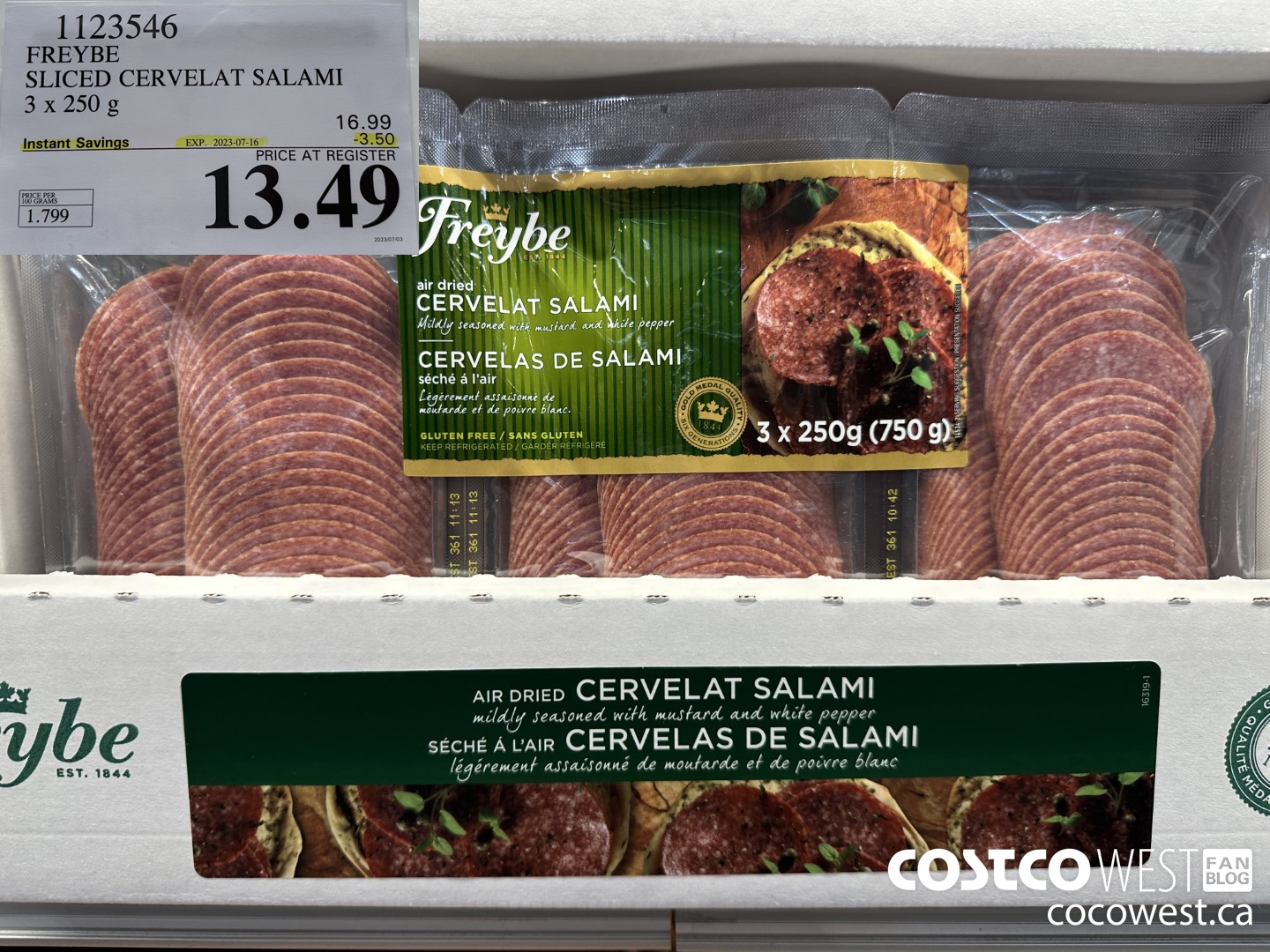1123546 FREYBE SLICED CERVELAT SALAMI 3 x 250 g ($3.50 INSTANT SAVINGS EXPIRES ON 2023-07-16) $13.49